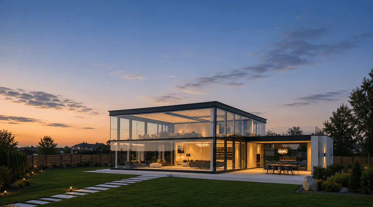 Modern glass modular home at dusk